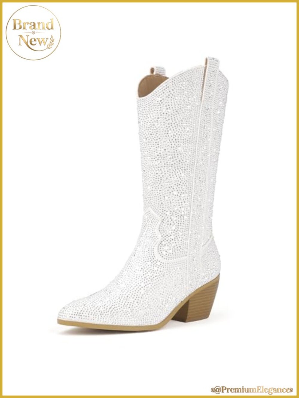 Rhinestone Mid Calf Western Cowboy Boots Pointed Toe Block Heel
